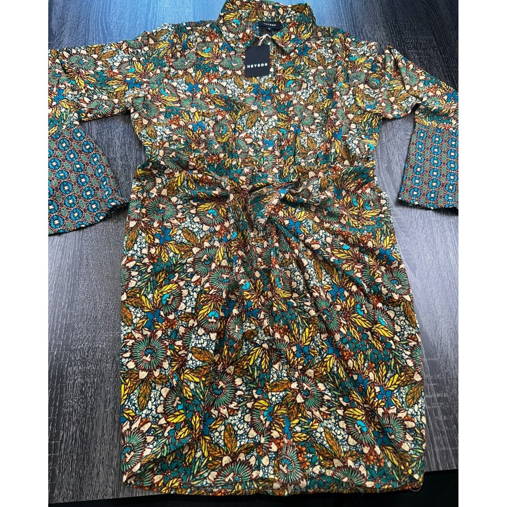Heyson Boho Floral Button Front Dress Contrast Bell Sleeves Tie Waist NEW